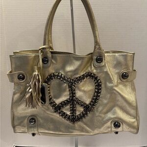 Betsy Johnson Retro Gold Metallic  Leather Peace Love Shoulder Bag